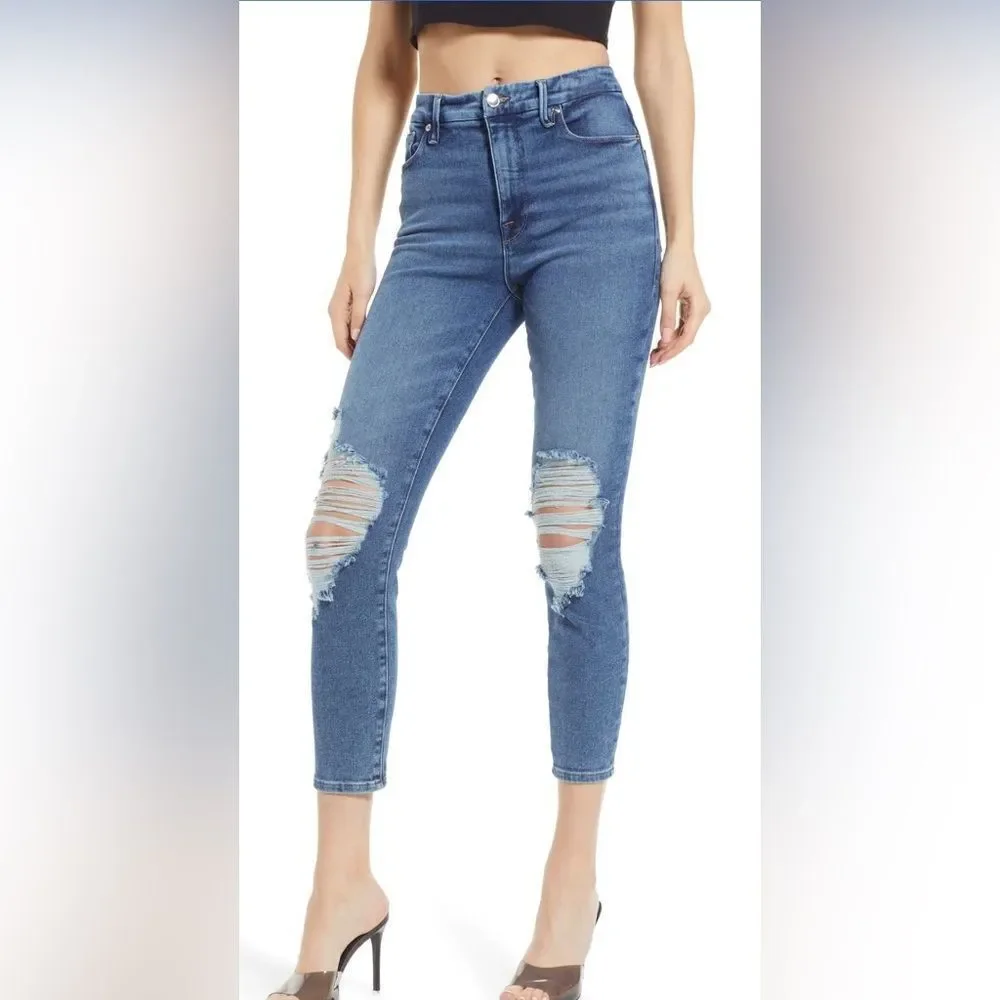 NEW GOOD AMERICAN Good Waist Crop Jean - Shadow Pockets Blue 855 Size 2